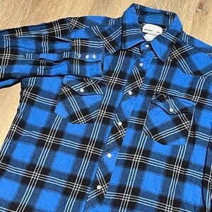 Wrangler Wrancher Pearl Snap Western Flannel Mens L Blue Black Plaid Long Sleeve